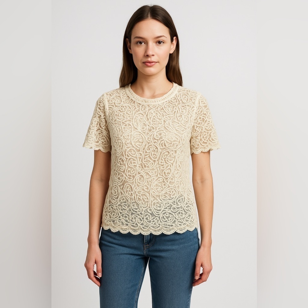 Amanda Ivory Lace Crochet Blouse M Sheer Y2K Retro Cottagecore Coastal vintage